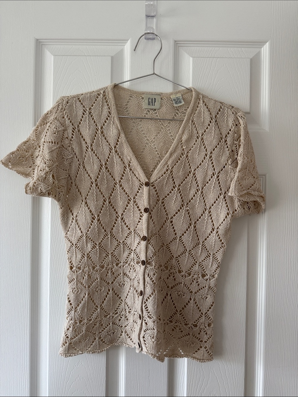 GAP Beige Openwork V‑Neck Button Front Cardigan